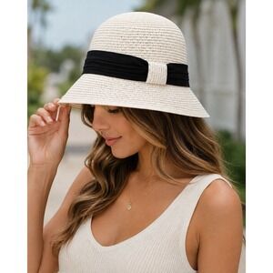 C.C. Exclusives Women's White Paper/Poly Straw Cloche Bucket Sun Hat Black Band